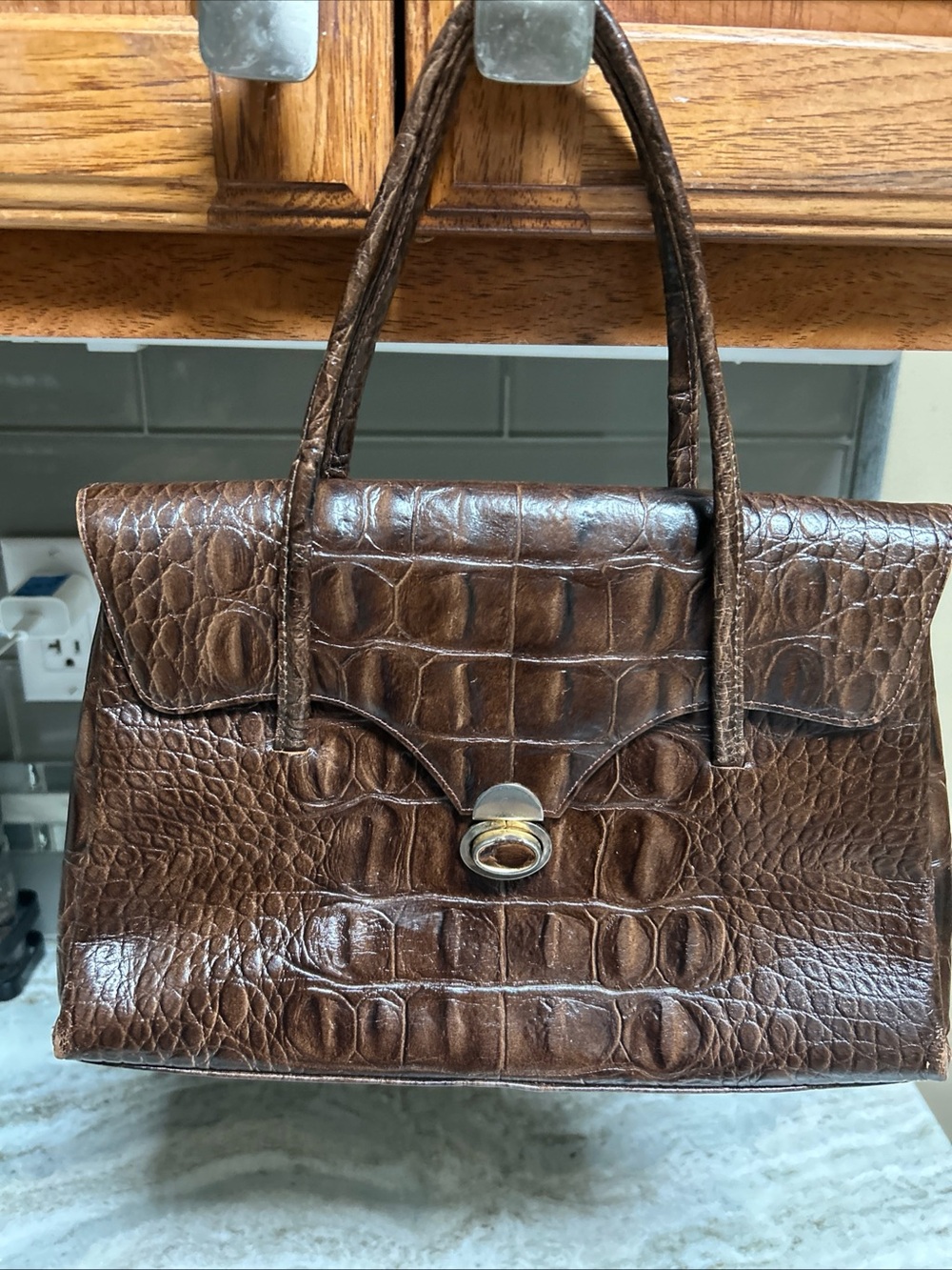 Vintage Y2k Brown  Embossed Croc Women's Handbag Chic Da Paris Elegant Purse